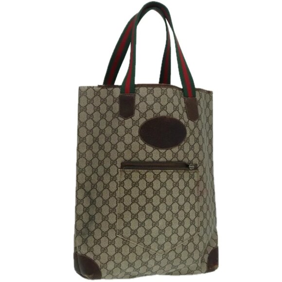 GUCCI GG Supreme Web Sherry Line Tote Bag PVC Leather Beige 38 3962 Auth 93448 - Picture 1 of 14